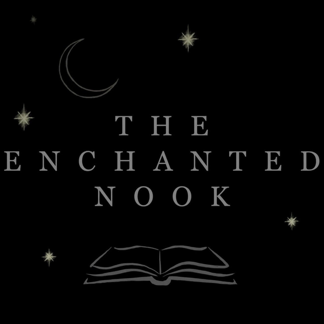 A square black graphic with the title text 'THE ENCHANTED NOOK' in a light gray serif font, surrounded by a crescent moon, stars, and an open book illustration in a matching light gray tone.